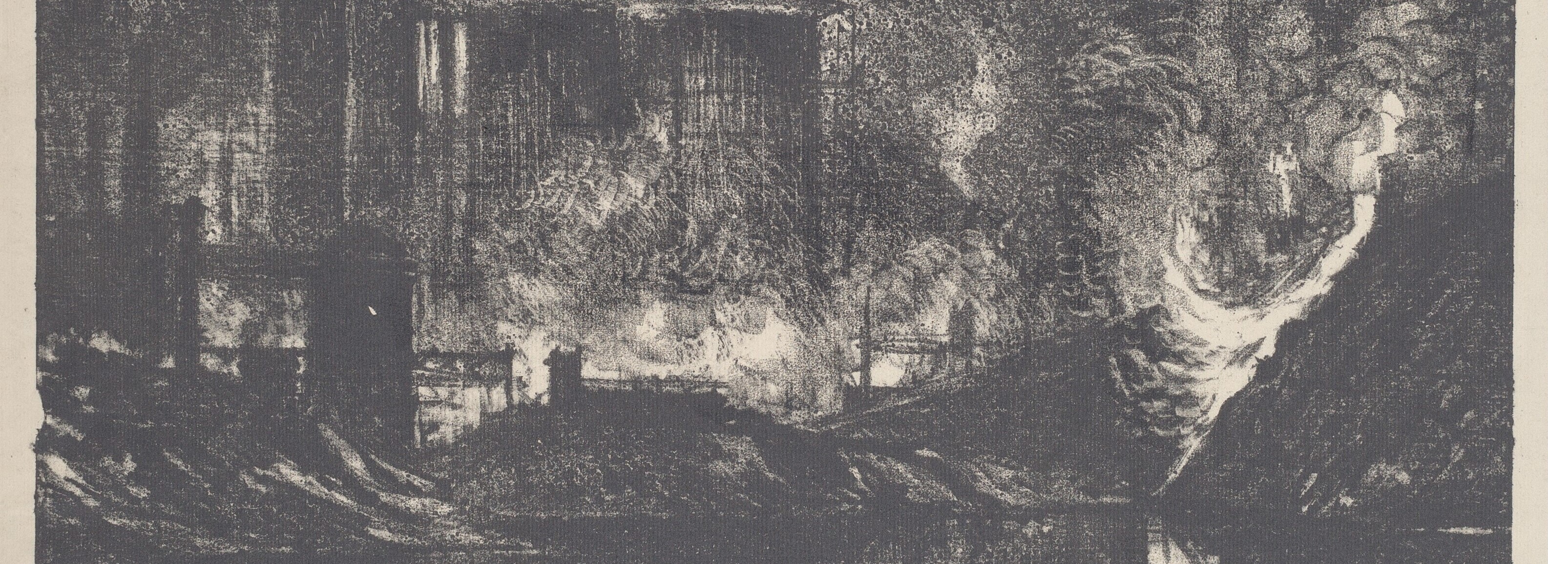 The Lake of Fire, Charleroi, a sketch by Joseph Pennell, 1911. A town on a lake burns in the night.