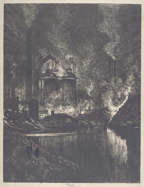 The Lake of Fire, Charleroi, a sketch by Joseph Pennell, 1911. A town on a lake burns in the night.