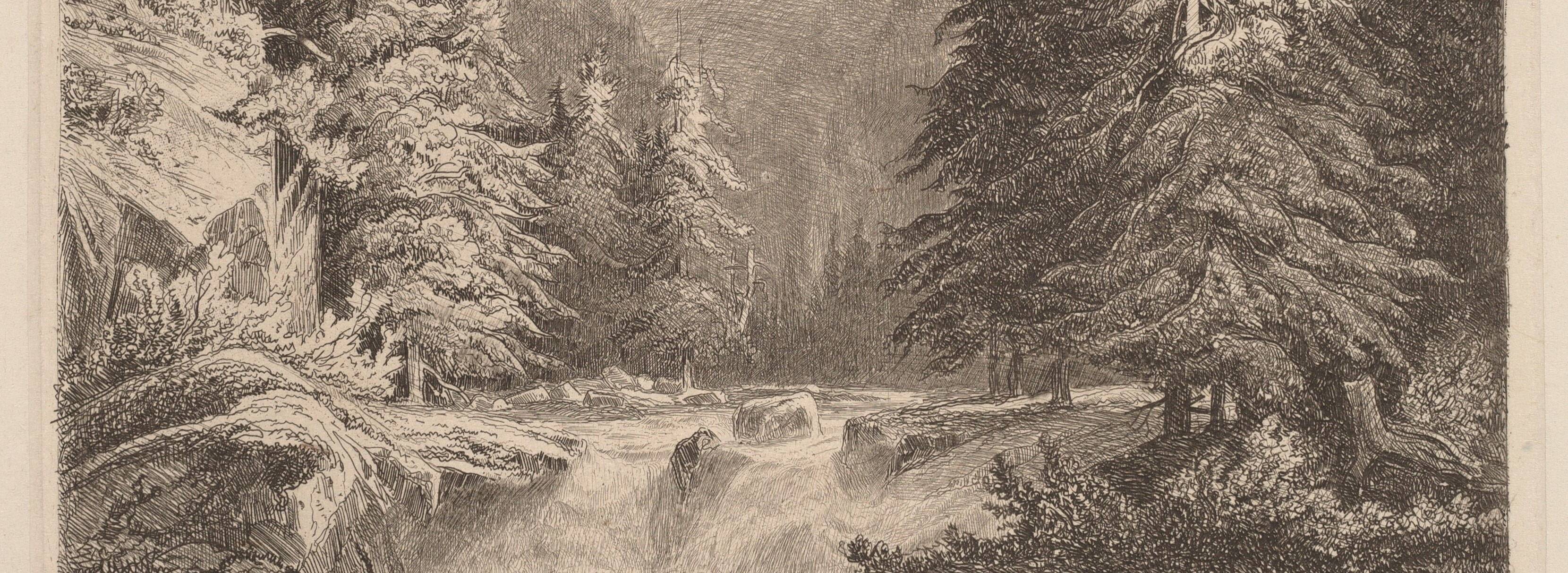 Mountain Waterfall, a sketch by Alexandre Calame, 1838. A peaceful scene of a waterfall in a steep mountain valley, surrounded by pine trees.